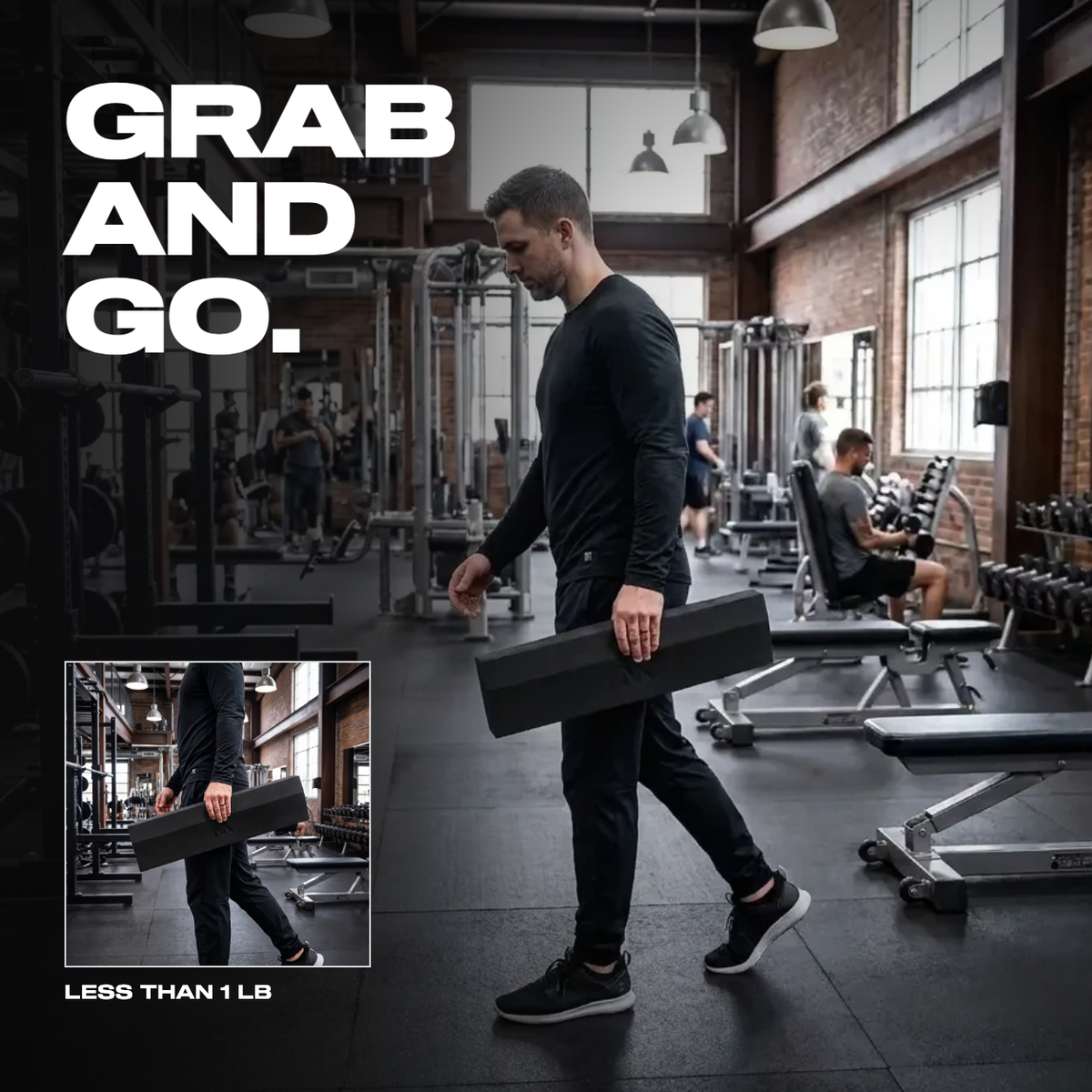 Man walking through a gym carrying the Motion Molds squat wedge in one hand, headed Grab And Go, with a close up inset of the wedge in his hand labelled less than 1 lb