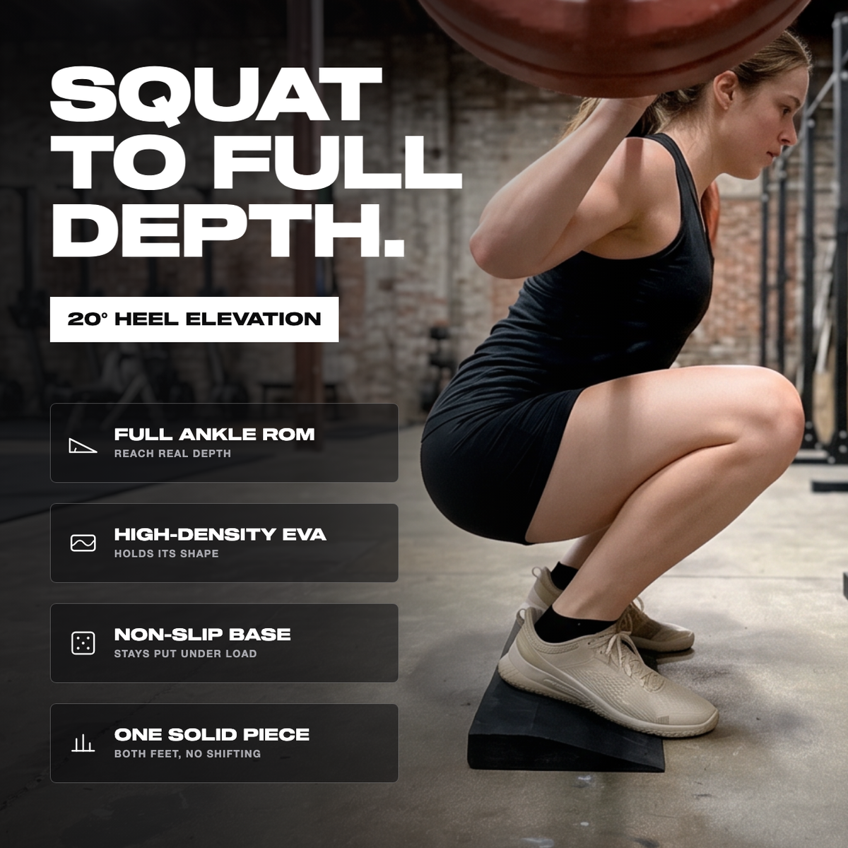 Lifter squatting below parallel with a loaded barbell, heels raised on the black Motion Molds squat wedge, beside the words Squat To Full Depth and 20 degree heel elevation